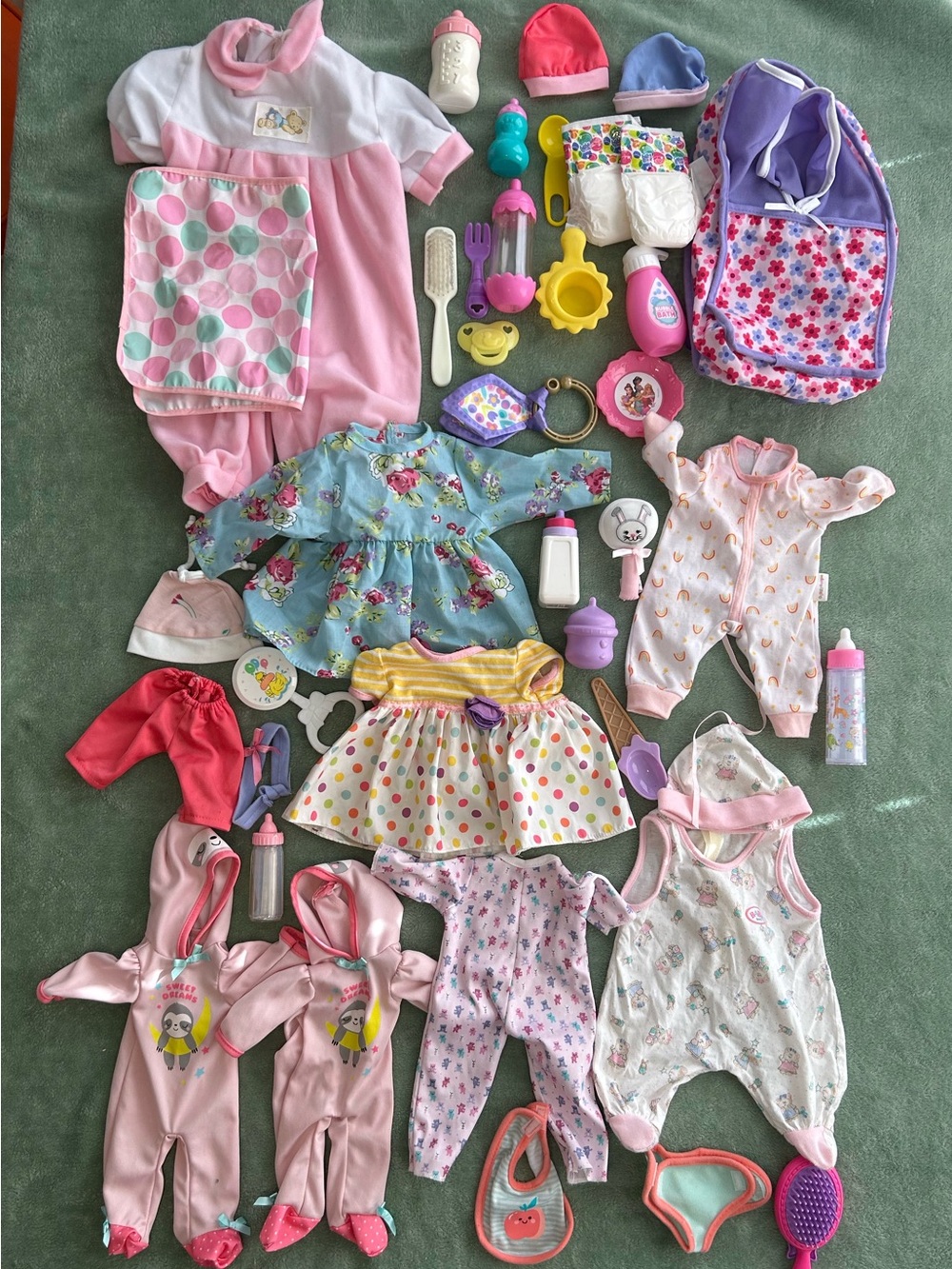 Baby Doll Clothes & Accessories one piece outfits hats diapers bottles bag Lot